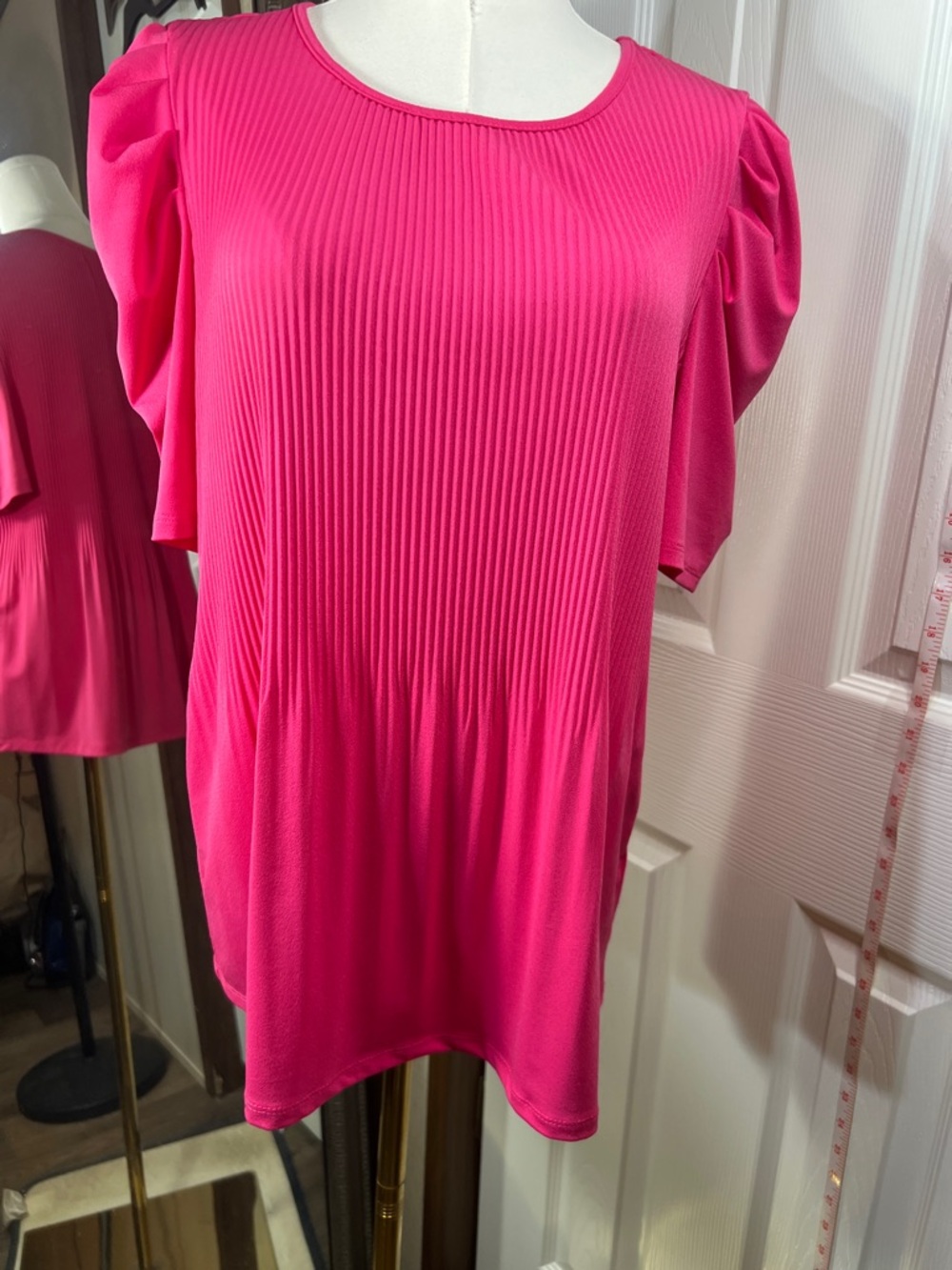 Adrianna Papell Hot Pink Pleated Flutter Sleeve Top